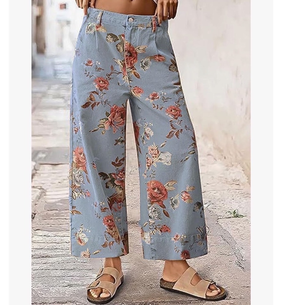 Loveimgs Floral Wide Leg Jeans Baggy Cropped Denim Womens Size M Blue Rose Print